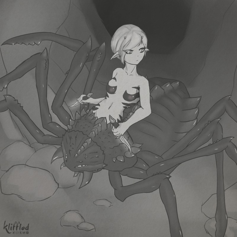 breasts chelicerae clothing dagger female hair holding_object melee_weapon monster_girl_(genre) multi_eye navel octoped short_hair solo weapon klifflod european_mythology greek_mythology mythology arachne arachnid arachnid_taur arthropod arthropod_taur spider spider_taur taur 1:1 2019 absurd_res digital_media_(artwork) greyscale hi_res monochrome signature