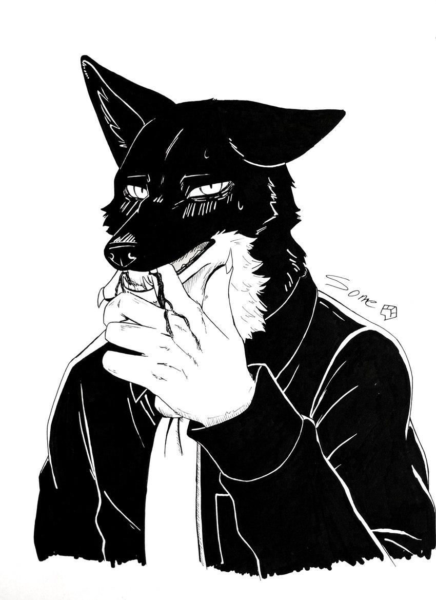 anthro biting_hand black_body black_clothing black_fur black_shirt black_topwear blood blush bodily_fluids clothing fur male necktie shirt simple_background solo standing teeth topwear white_background white_body white_fur white_necktie some_(someone) eat_(mucknagabe) lufria_(mucknagabe) canid canine canis mammal wolf absurd_res hi_res