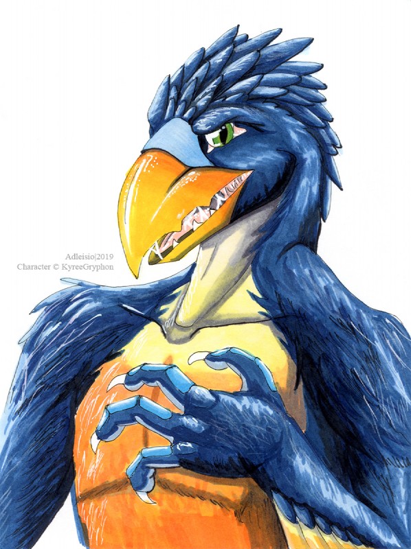 4_fingers aggressive anthro beak blue_body blue_feathers bodily_fluids claws collarbone feathered_arms feathers fingers green_eyes male multicolored_body multicolored_feathers open_beak open_mouth orange_beak orange_body orange_feathers pink_tongue saliva saliva_string simple_background snarling solo teeth tongue toothed_beak white_background white_body white_feathers adleisio tucakeane avian bird cariamiform dinosaur prehistoric_species reptile scalie terror_bird 2019 bust_portrait hi_res portrait watermark