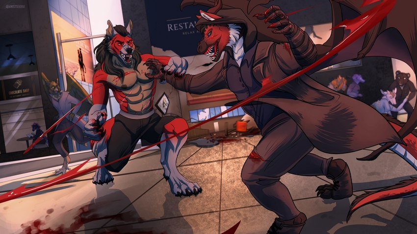 anthro blood bodily_fluids city city_background claws clothed clothing detailed_background duo_focus dutch_angle fangs feet fight finger_claws fur group hood male male_anthro membrane_(anatomy) membranous_wings muscular muscular_anthro muscular_male nipples painting pecs red_body red_eyes red_fur red_scales scales scar scenario sharp_teeth tail teeth toe_claws topless topless_anthro topless_male violence wings knustvi mythology avian bear bovid canid canine canis caprine dragon goat gryphon hybrid mammal mythological_avian mythological_canine mythological_creature mythological_scalie scalie werecanid werecanine werecreature werewolf wolf 16:9 4k absurd_res digital_media_(artwork) full-length_portrait hi_res portrait widescreen