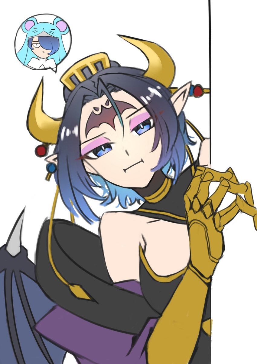 :i big_breasts breasts cleavage clothed clothing eyeshadow female humanoid_pointy_ears jealous jiyuuya makeup solo bandai_namco digimon digimon_(species) humanoid lilithmon sistermon_ciel absurd_res hi_res sibling_(lore) sister_(lore)