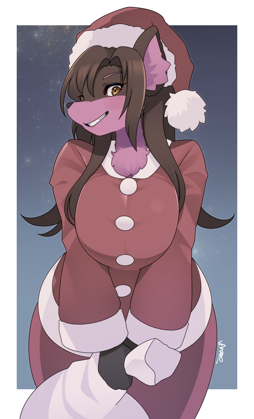 anthro big_breasts black_hair breasts brown_eyes christmas_clothing christmas_headwear clothing costume female hair hat headgear headwear holidays long_hair long_sleeves looking_at_viewer pressing_breasts_together santa_costume santa_hat solo arumo christmas vtuber exy canid canine canis mammal wolf absurd_res hi_res