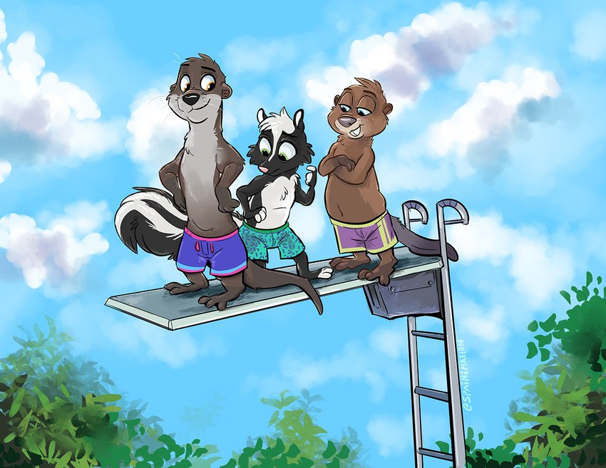 anthro arms_bent bottomwear clothing clothing_cord diving_board drawstring drawstring_swimwear group limp_tail male semi-anthro shorts standing swimming_trunks swimwear trio sophiecabra beaver mammal mephitid mustelid otter rodent skunk