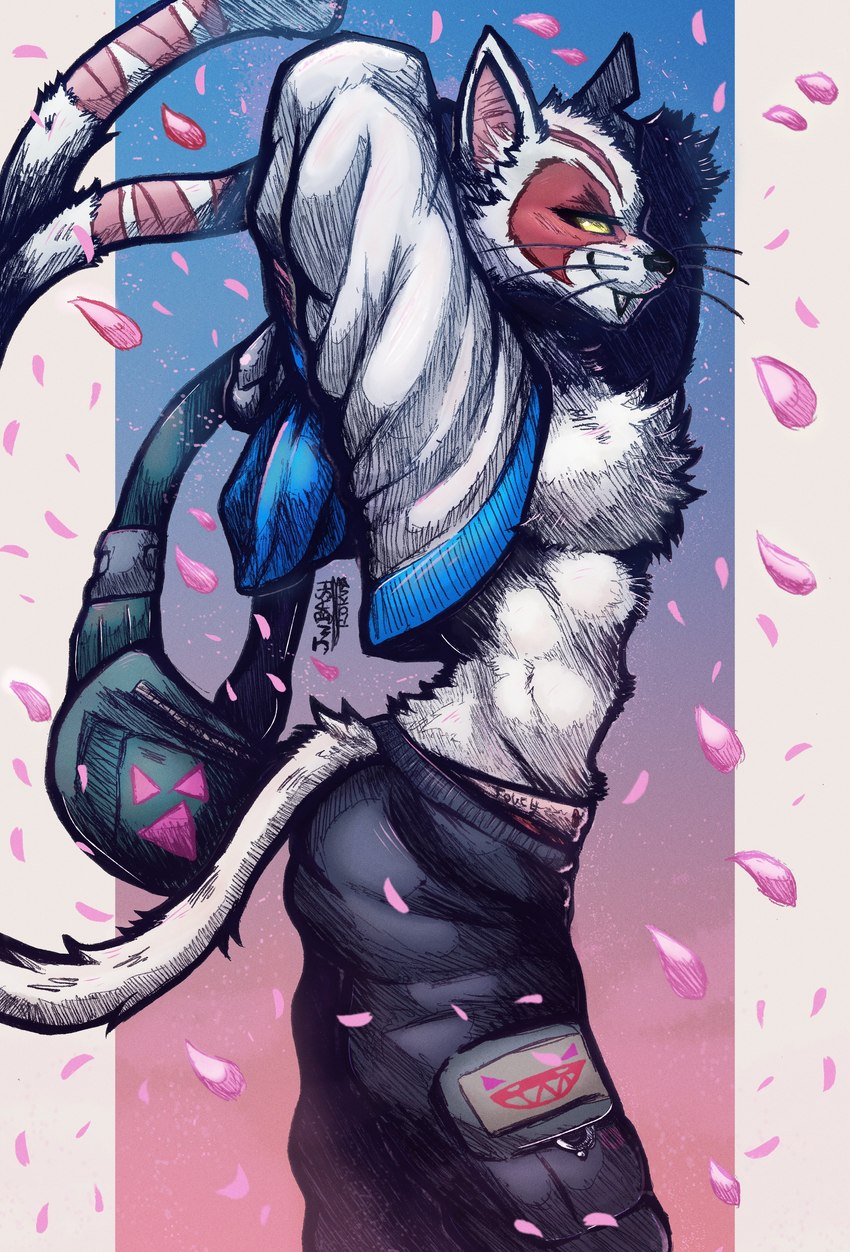 2_tails anthro cherry_blossom clothed clothing colorful_background flower hoodie male multi_tail plant prunus_(flower) simple_background solo tail topwear undressing_self white_background yellow_eyes jwbash epic_games fortnite fortnite:_battle_royale nyanja_(fortnite) domestic_cat felid feline felis mammal absurd_res hatching_(art) hi_res shaded