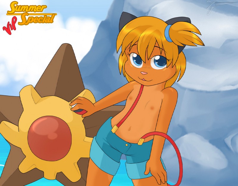 anthro blue_eyes bottomwear breasts clothed clothing cosplay duo female gym_leader hair holding_object holding_pokeball loli orange_hair pokeball pokemorph shorts small_breasts standard_pokeball topless young young_anthro helsy nintendo pokemon inuki_(character) misty_(pokemon) pokemon_trainer generation_1_pokemon pokemon_(species) staryu digital_media_(artwork)