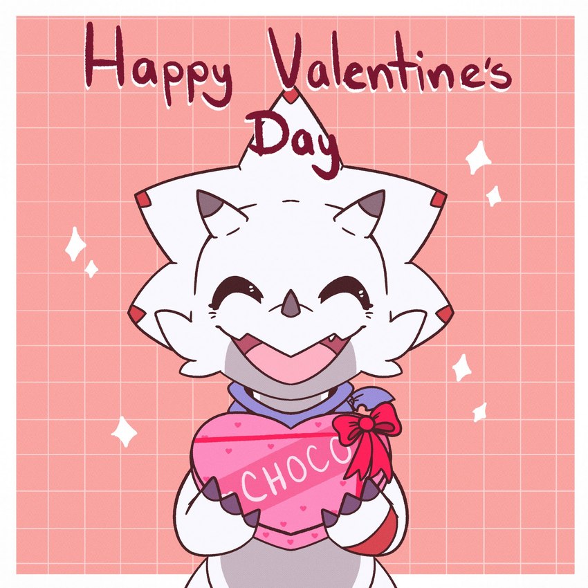 anthro box_of_chocolates candy chocolate claws dessert food holidays horn kerchief looking_at_viewer male smile solo text white_body ridgeone1 bandai_namco digimon digimon_ghost_game valentine's_day digimon_(species) gammamon scalie 1:1 english_text hi_res