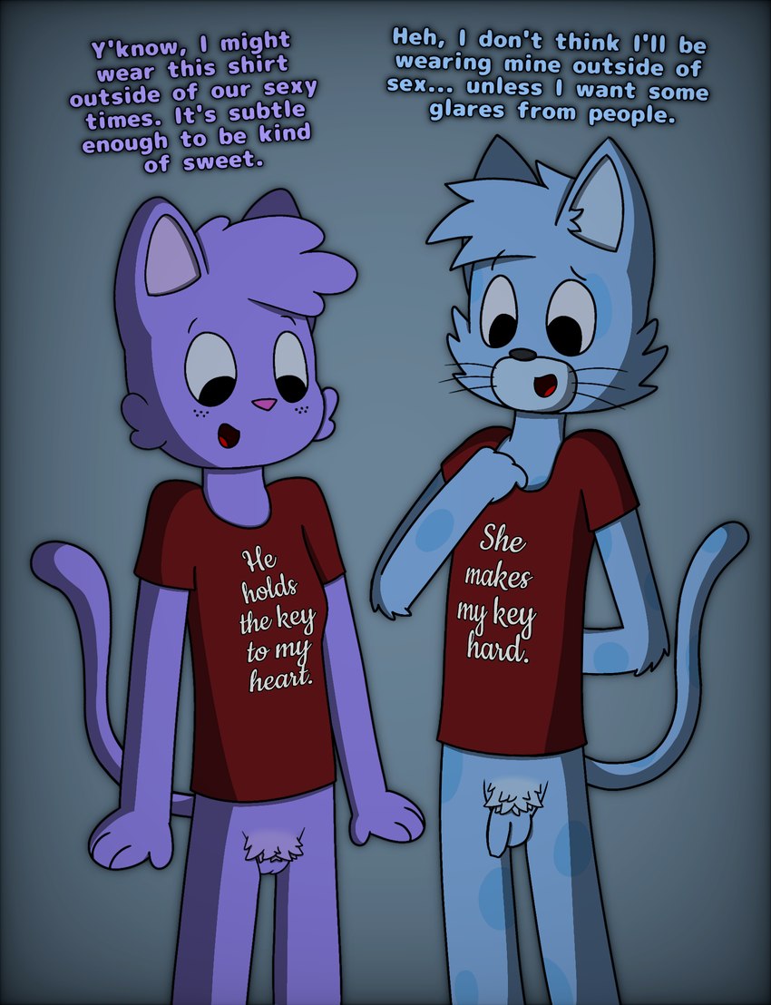 anthro balls biped bottomless bottomless_anthro bottomless_female bottomless_male breasts clothed clothing duo female female_anthro flaccid foreskin freckles fur genitals hair happy humanoid_genitalia humanoid_penis humor male male/female male_anthro markings penis pubes pussy shirt shirt_only spots spotted_body spotted_fur t-shirt t-shirt_only tail tender text text_on_clothing text_on_shirt text_on_topwear topwear topwear_only unretracted_foreskin eggnaug lucy_(eggnaug) marshall_(eggnaug) domestic_cat felid feline felis mammal digital_media_(artwork) english_text hi_res portrait three-quarter_portrait