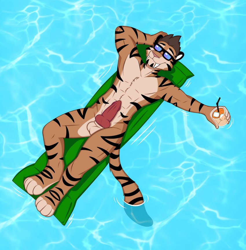 anthro balls beverage eyewear genitals knot male muscular penis poolside solo sunglasses water redjasper felid floater mammal pantherine prehistoric_species saber-toothed_tiger tiger absurd_res hi_res