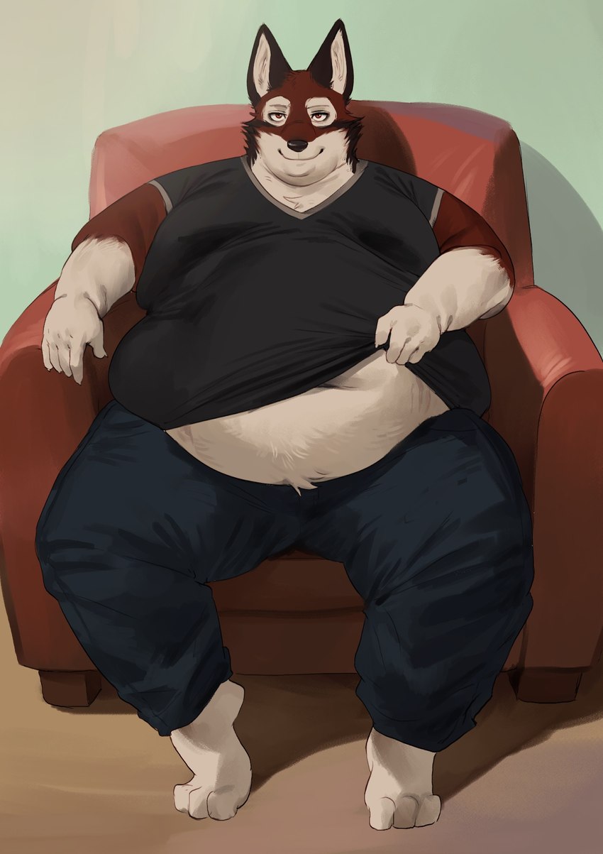 3_toes 5_fingers anthro barefoot belly belly_tuft big_belly black_body black_clothing black_fur black_shirt black_topwear bottomwear brown_eyes brown_pupils clothed clothing clothing_lift denim denim_bottomwear denim_clothing double_chin facial_tuft feet fingers fur furniture green_wallpaper head_tuft inside jeans living_room love_handles male moobs multicolored_body multicolored_fur navel obese obese_anthro obese_male overweight overweight_anthro overweight_male pants pupils red_body red_fur red_sofa shadow shirt shirt_lift smile smiling_at_viewer sofa solo stretch_marks tan_body tan_fur teasing teasing_viewer thick_arms thick_thighs toes topwear tuft v-neck wall_(structure) fattybread echo_(game) echo_(series) echo_project leo_alvarez canid canine canis mammal red_wolf wolf hi_res