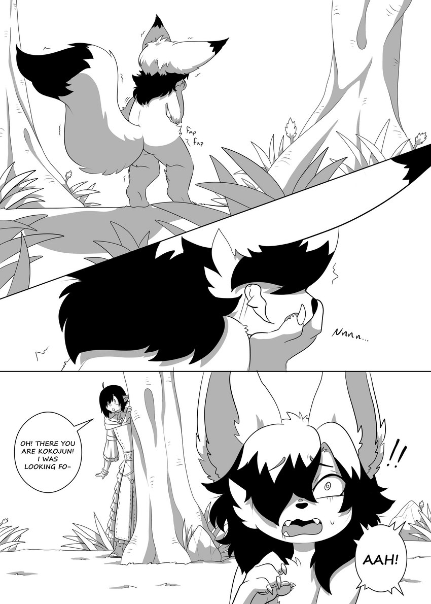 anthro black_hair butt caught_in_the_act claws dialogue duo fap_(sound_effect) fluffy fluffy_tail hair humanoid_pointy_ears humor interrupted_speech localized_pointy_speech_bubble male male/male masturbation name_drop name_in_dialogue nude onomatopoeia paws plant pointy_ears pointy_speech_bubble scar screaming sound_effects speech_bubble surprise tail tall text tree vocalization vowelless vowelless_vocalization astra_lupus sinfrou final_fantasy final_fantasy_xiv square_enix kokojun_astraldusk noebertain_laimable canid canine elezen fox humanoid lalafox mammal absurd_res comic english_text hi_res monochrome