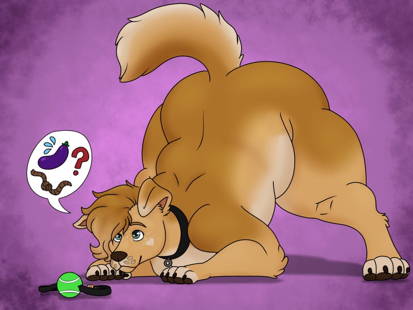 ambiguous_gender anthro ass_up ball ball_gag barefoot biped black_collar collar eggplant feet food fruit gag jack-o'_pose muscular muscular_anthro nude plant pose purple_background question_mark rope simple_background solo tennis_ball tennis_ball_gag goldiescales honey_(goldiescales) canid canine canis domestic_dog mammal 2021 4:3 trans_(lore) trans_man_(lore)