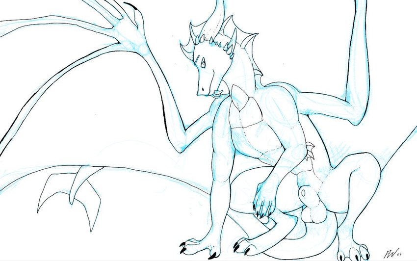 animal_genitalia balls crouching feral fully_sheathed genitals looking_at_viewer male sheath solo spread_wings wings fellowwolf mythology videri dragon mythological_creature mythological_scalie scalie sketch