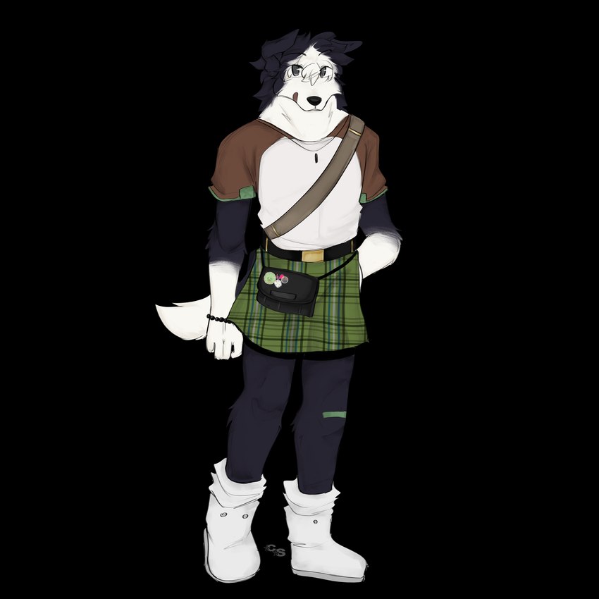 anthro bag band-aid band-aid_on_knee band-aid_on_leg bandage belt black_body black_fur boots bottomwear clothed clothing countershading floppy_ears footwear fully_clothed fur grey_eyes jewelry kilt male mottled necklace piebald raglan_shirt scottish shoes simple_background solo sticker transparent_background white_body white_fur cerberussenn oliver_kang_(cerberussenn) border_collie canid canine canis collie domestic_dog herding_dog mammal pastoral_dog sheepdog 1:1 absurd_res alpha_channel hi_res signature