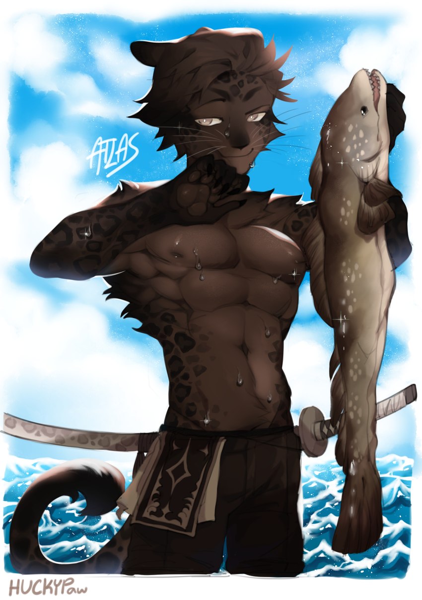 anthro arm_tuft athletic athletic_anthro athletic_male biped blue_sky border bottomwear brown_body brown_bottomwear brown_clothing brown_eyes brown_fur brown_hair brown_nipples brown_pants brown_scales cheek_tuft clothed clothing cloud day facial_tuft fur hair holding_fish holding_object katana looking_at_viewer male melee_weapon nipples open_mouth pants scales sea shoulder_tuft sky smile solo standing sword tan_body tan_scales text topless topless_male tuft water weapon whiskers white_border huckypaw felid feline fish mammal marine 2021 artist_name character_name digital_media_(artwork) digital_painting_(artwork) hi_res painting_(artwork) portrait shaded three-quarter_portrait