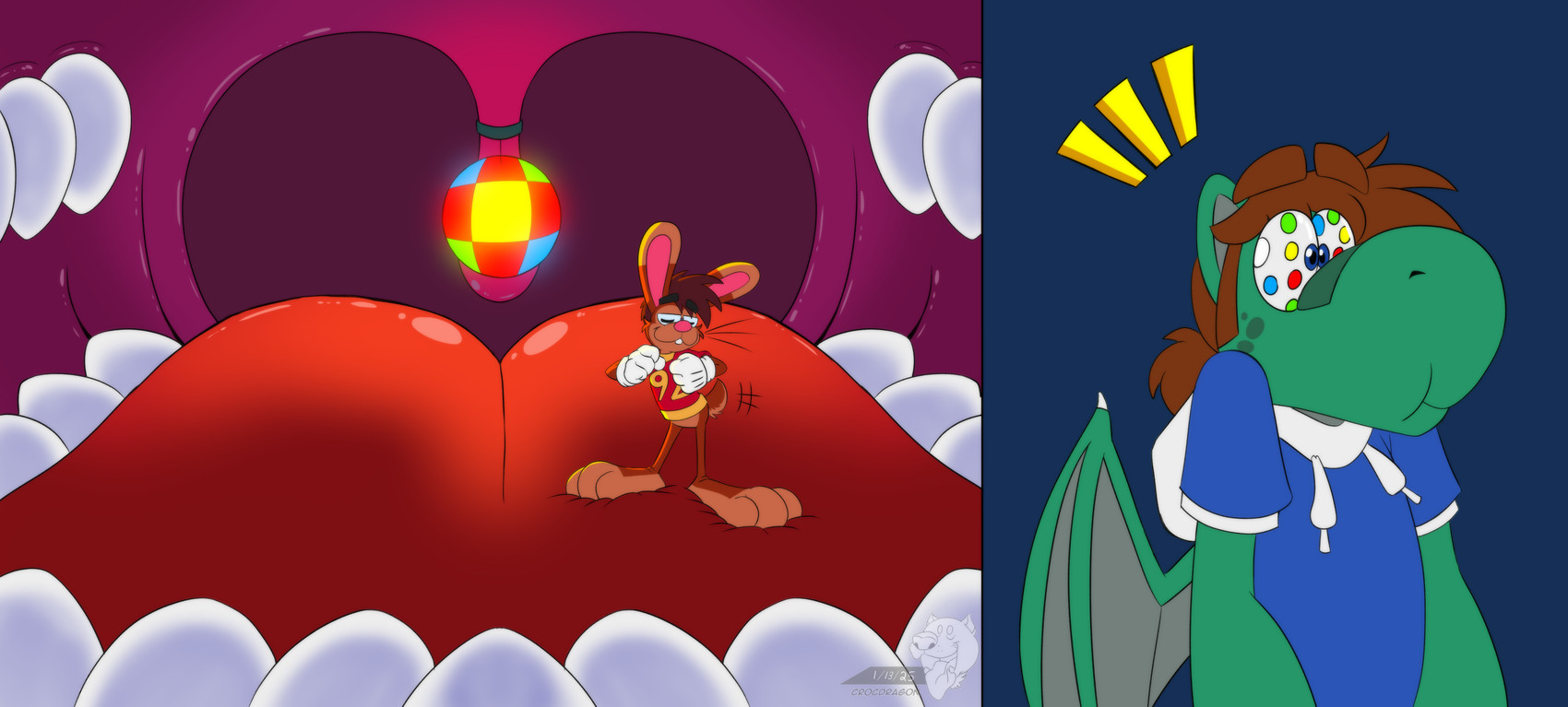 3_toes 4_fingers anthro big_tongue cartoon_gloves cartoon_physics cheek_bulge duo feet fingers inside_mouth male male/male mawplay red_tongue soft_vore tail toes tongue toony toony_moment uvula uvula_play vore whiskers wings crocdragon89 mythology joshua_edgars_(crocdragon89) roderick_(tamerkoh) toon_joshua_edgars_(crocdragon89) dragon lagomorph leporid mammal mythological_creature mythological_scalie rabbit scalie absurd_res alpha_channel hi_res