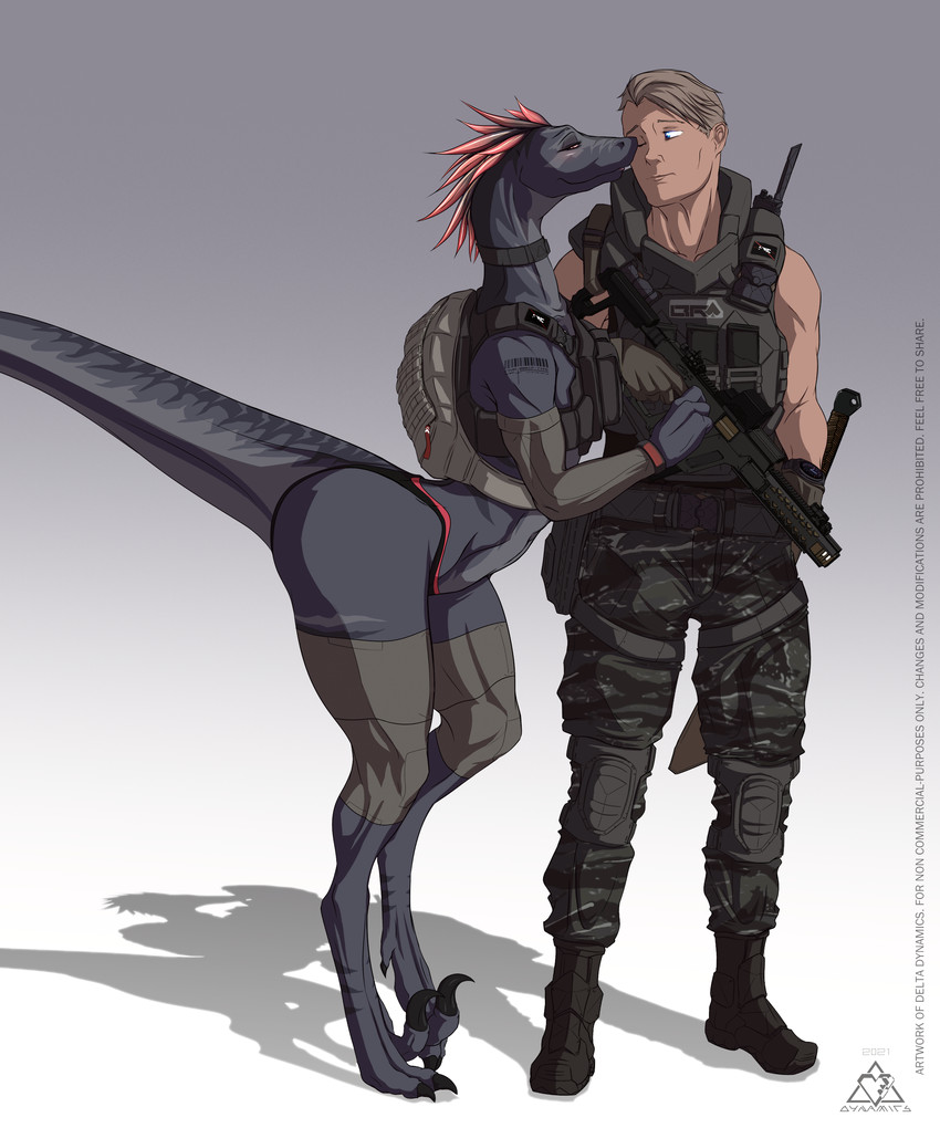 anthro armor athletic backpack barcode barcode_tattoo body_armor camo clothed clothing duo electronics featureless_chest female female_on_human gun head_feathers human_on_anthro interspecies knee_pads kriss_vector love machete male male/female male_on_anthro melee_weapon radio ranged_weapon relationship rifle romantic romantic_couple submachine_gun tattoo weapon delta.dynamics cataclysms tall_grass_(delta.dynamics) alani_redum_(delta.dynamics) bunny_(delta.dynamics) dinosaur dromaeosaurid human mammal prehistoric_species reptile scalie theropod 5:6 absurd_res hi_res