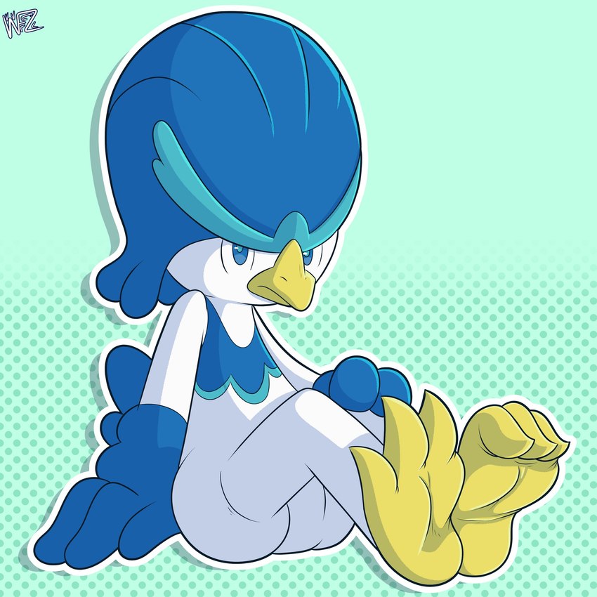 ambiguous_gender anthro barefoot blue_body blue_eyes blue_feathers blue_hair feathers feet foot_fetish hair membrane_(anatomy) soles solo toes webbed_feet white_body weirdofunzone nintendo pokemon anatid anseriform avian bird duck generation_9_pokemon pokemon_(species) quaxwell 1:1 absurd_res hi_res