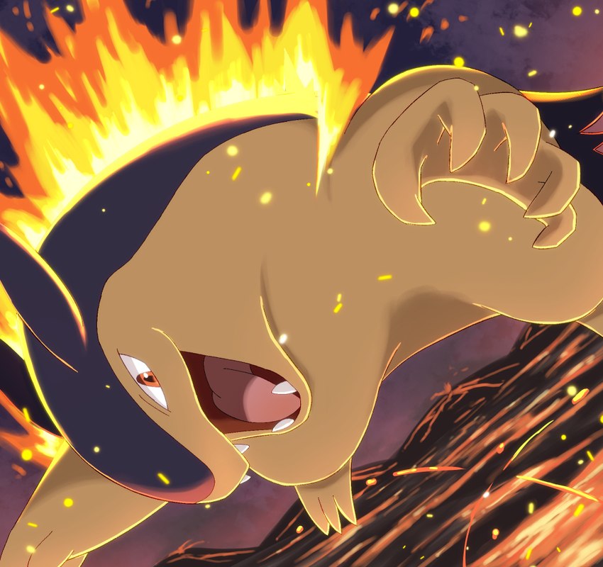 ambiguous_gender blue_body blue_fur fangs feral fire fur looking_at_viewer open_mouth orange_eyes solo tan_body teeth rumine nintendo pokemon generation_2_pokemon pokemon_(species) typhlosion