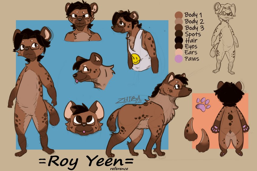 anthro black_hair brown_body brown_eyes brown_fur brown_spots clothing feral fur hair male shirt smiley_face solo spots tank_top text topwear yeenroy zhibita hyena mammal spotted_hyena 3:2 digital_media_(artwork) english_text model_sheet