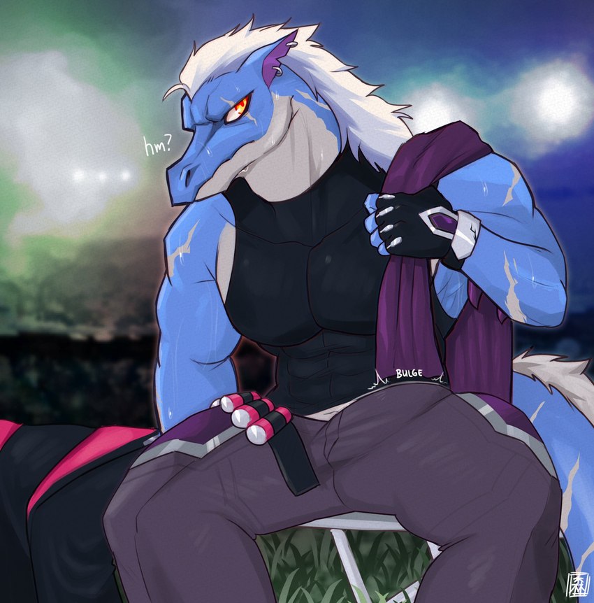 abs bulge clothing ear_piercing gloves hair handwear male piercing shirt sitting solo tank_top topwear towel exsys omega_strikers drek'ar_(omega_strikers) scalie 2022 digital_drawing_(artwork) digital_media_(artwork) hi_res