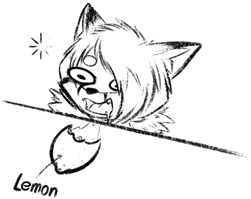 anthro bodily_fluids dizzy drooling ears_back eating eating_food food fruit lemon male open_mouth pivoted_ears plant saliva solo kasamiru kami_(kasamiru) canid canine fox mammal monochrome