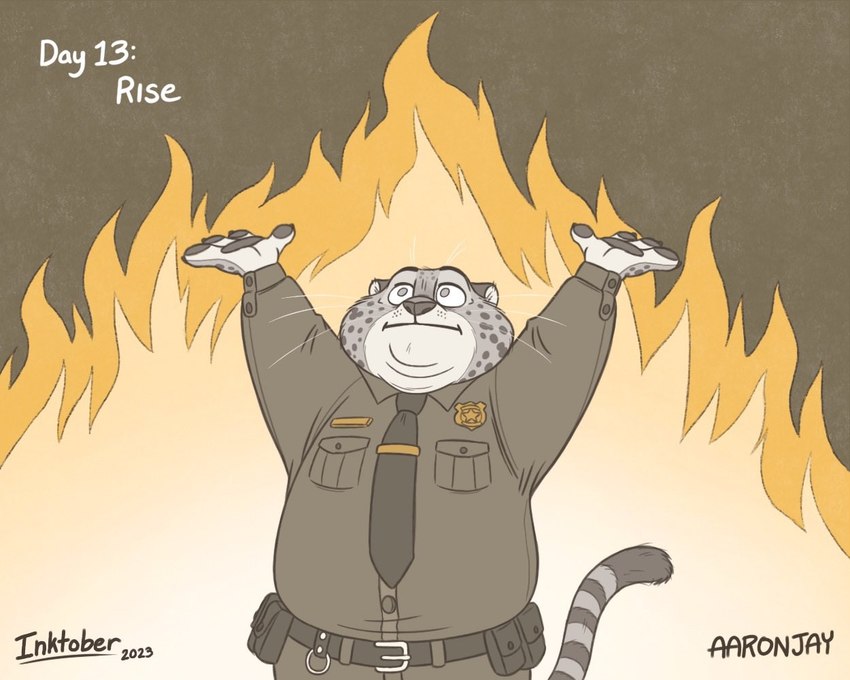 anthro big_cheeks chubby_cheeks clothed clothing fire fully_clothed fur male necktie overweight overweight_male police police_uniform solo uniform whiskers aar0njay disney elmo_rise inktober zootopia benjamin_clawhauser cheetah felid feline mammal 2023 5:4 digital_media_(artwork) meme signature