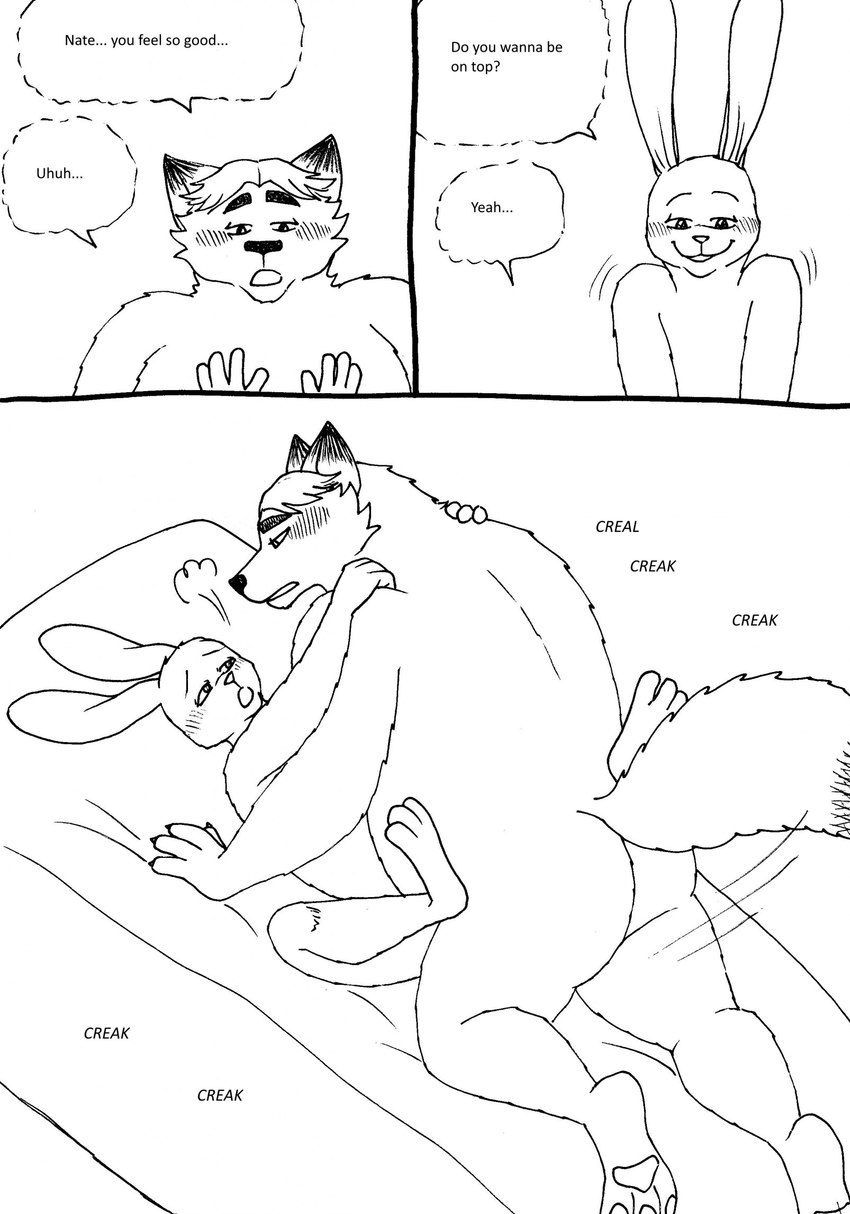 anthro bed blush breath butt dialogue duo eye_contact from_front_position furniture looking_at_another lying male male/male missionary_position nude obscured_penetration obscured_sex on_back on_bed overweight overweight_male sex slightly_chubby speech_bubble text bernielover disney zootopia fan_character gideon_grey nate_hopps canid canine fox lagomorph leporid mammal rabbit red_fox true_fox 2023 comic english_text hi_res monochrome