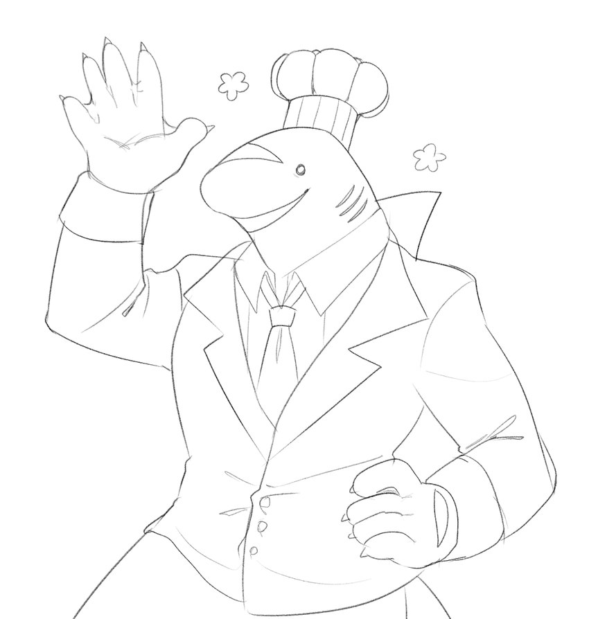 5_fingers anthro black_line_art chef_hat claws clothing dress_shirt female fin finger_claws fingers gesture gills hand_mouth happy hat headgear headwear looking_at_viewer multi_mouth necktie open_mouth open_smile shirt simple_background smile snout solo standing suit topwear waving white_background oceanbreakup library_of_ruina project_moon greta_(lor) fish marine shark 2024 black_and_white digital_media_(artwork) half-length_portrait hi_res monochrome portrait