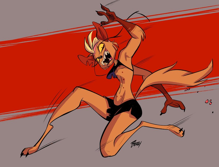 action_pose anthro blonde_hair bottomwear clothed clothing crop_top digitigrade female flat_chested hair looking_at_viewer motion_lines multi_nipple nipples open_mouth pose sharp_teeth shirt shorts solo teeth topwear yellow_eyes berryvapor mythology madeline_gevaudan canid canine mammal mythological_canine mythological_creature werecanid werecanine werecreature werewolf 2021 hi_res