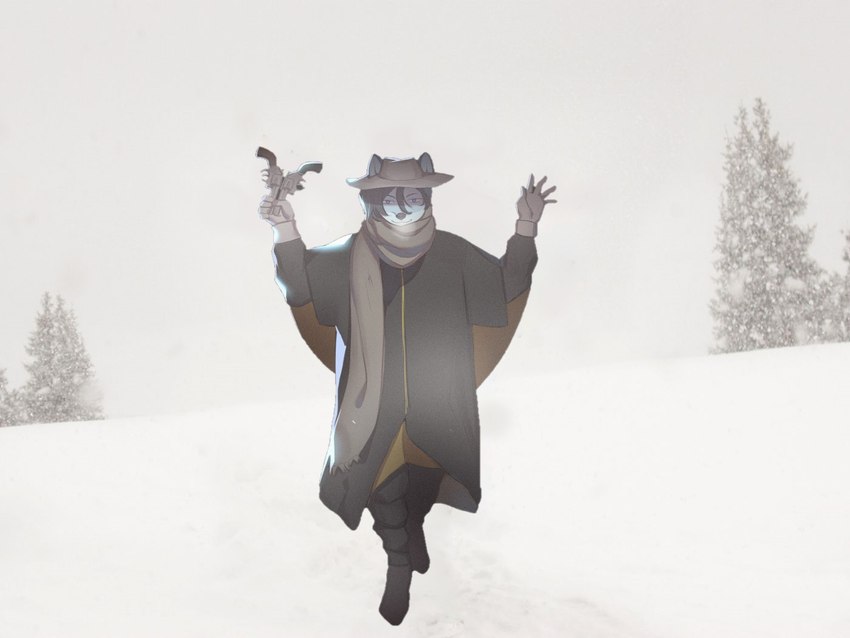 5_fingers anthro clothed clothing costume fingers fur gun hair headgear headwear looking_at_viewer male outside plant ranged_weapon simple_background smile snow solo tree weapon wild_west paper_demon odila canid canine fox mammal 4:3