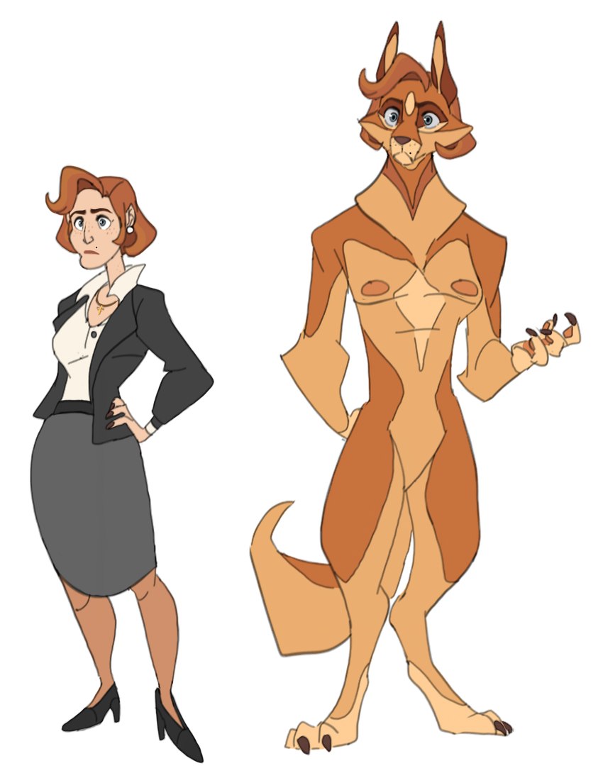 anthro before_and_after bottomwear breasts claws clothed clothing featureless_crotch female fur hair jewelry necklace nude orange_body orange_fur orange_hair pawpads simple_background skirt solo suit transformation white_background baylardian1 mythology the_x-files dana_scully canid canine canis human mammal mythological_canine mythological_creature werecanid werecanine werecreature werewolf wolf hi_res