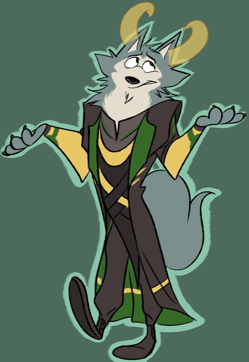 anthro clothing fur green_background grey_body grey_fur horn male simple_background solo edtertainerd beastars marvel thor_(series) legoshi_(beastars) loki_(marvel) canid canine canis mammal wolf hi_res