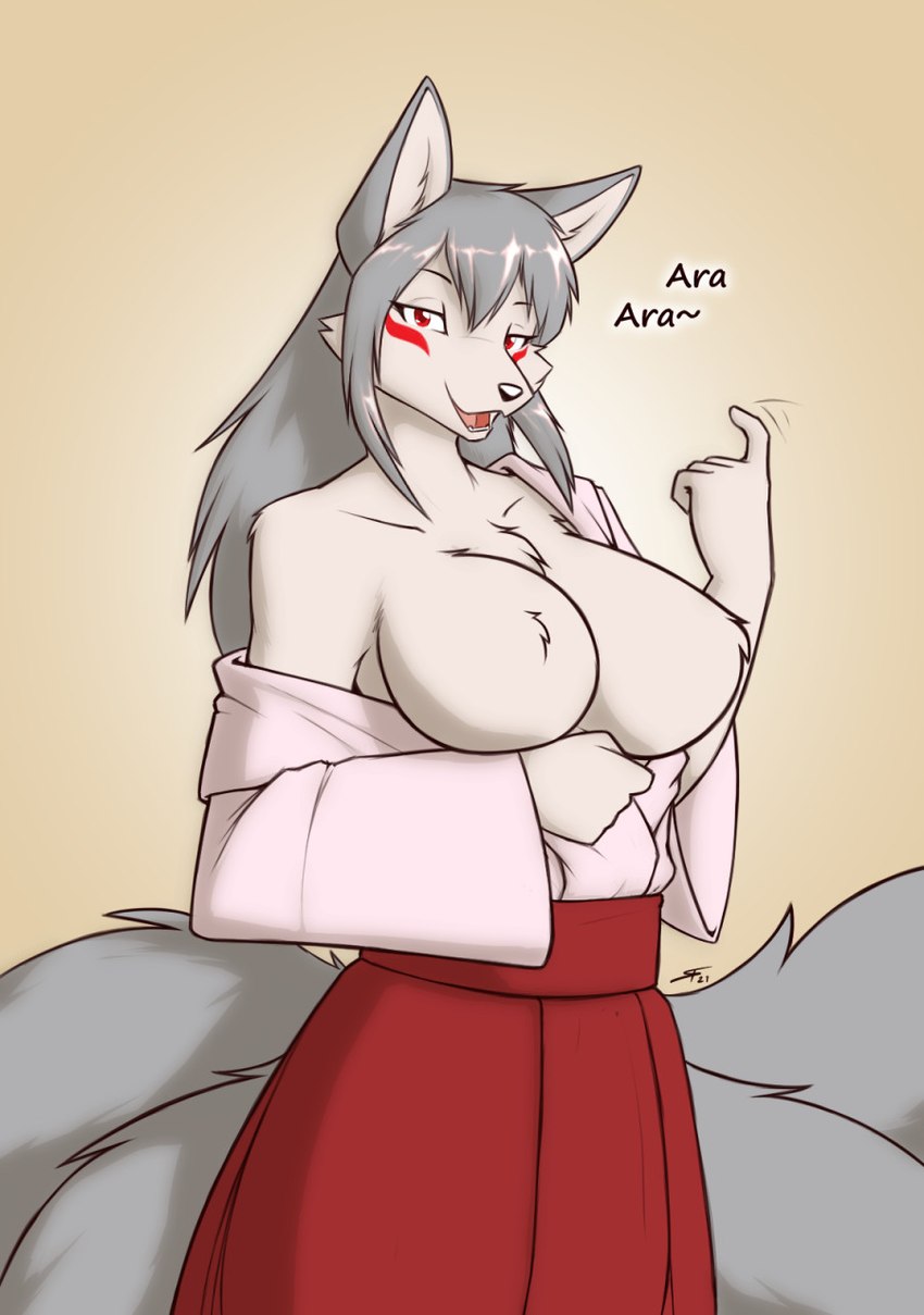 anthro ara_ara arm_tuft asian_clothing beckoning bedroom_eyes big_breasts black_nose bottomwear breasts cheek_tuft chest_tuft clothed clothing dialogue east_asian_clothing exposed_breasts eye_markings facial_markings facial_tuft female female_anthro fluffy fur gesture grey_body grey_ears grey_fur grey_hair hair hakama haori head_markings inner_ear_fluff japanese_clothing kemono looking_at_viewer markings mehajiki multi_tail narrowed_eyes naturally_censored nipple_tuft off_shoulder open_clothing open_mouth open_topwear red_eyes red_markings seductive shoulder_tuft shrine_maiden solo tail text topwear tuft white_body white_fur white_inner_ear_fluff starfighter tamamo-chan's_a_fox tenko_fushimi canid canine fox mammal english_text hi_res portrait three-quarter_portrait