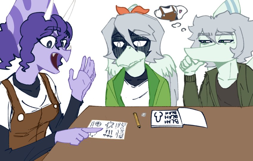 anthro blue_body calculator clothed clothing desk facial_horn female furniture grey_hair group hair horn jacket male math overalls pencil_(object) purple_body purple_eyes purple_hair simple_background sitting table thought_bubble topwear trio white_background wings unknown_artist cavemanon_studios snoot_game amber_(snoot_game) green_(snoot_game) sera_(snoot_game) ceratopsian dinosaur ornithischian prehistoric_species pterodactylus pterosaur reptile scalie triceratops hi_res