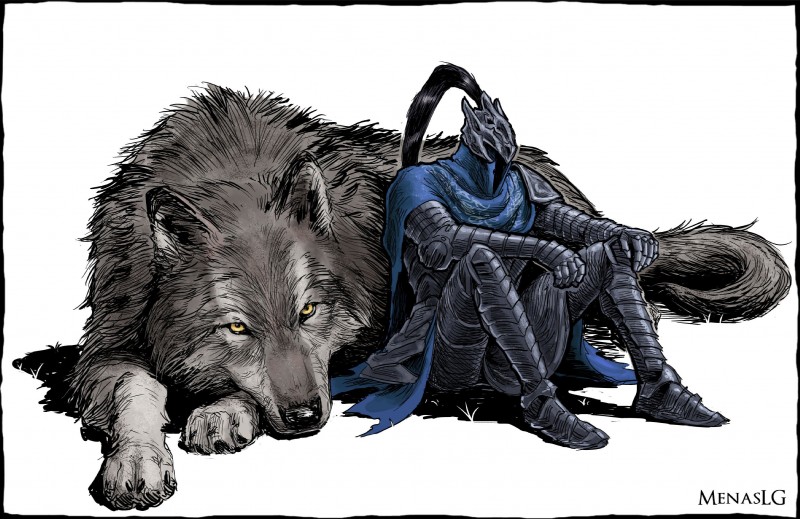 armor duo female male simple_background white_background menaslg dark_souls fromsoftware great_grey_wolf_sif knight_artorias canid canine canis human mammal wolf hi_res