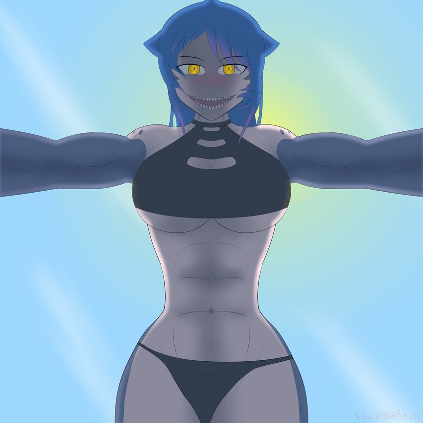 big_breasts blue_hair breasts clothing female hair multicolored_body muscular muscular_female pinned sharp_teeth solo swimwear teeth two_tone_body yellow_eyes kawaiiredpandas monster_girl_island mako_(monster_girl_island) animal_humanoid fish humanoid marine marine_humanoid shark 1:1 absurd_res hi_res