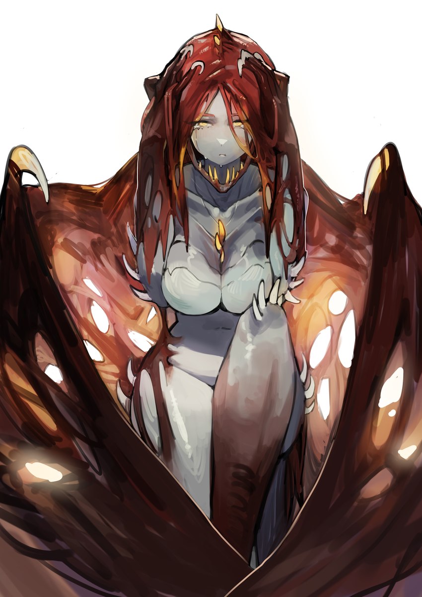 anthro big_breasts bodily_fluids breasts claws featureless_breasts female hair looking_at_viewer membrane_(anatomy) membranous_wings simple_background solo spikes spikes_(anatomy) tears teeth wings yellow_eyes miao_jiangyou capcom monster_hunter mythology dragon elder_dragon mythological_creature mythological_scalie scalie vaal_hazak absurd_res hi_res