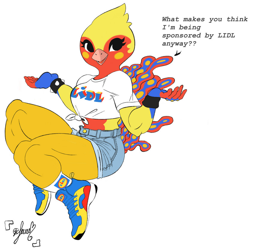 anthro bottomwear breasts clothing denim denim_bottomwear denim_clothing denim_shorts female female_anthro footwear midriff non-mammal_breasts shirt shoes shorts sneakers socks solo text thick_thighs tied_shirt topwear wristband panthera_cantus animal_crossing lidl nintendo phoebe_(animal_crossing) avian bird ostrich ratite absurd_res colored digital_media_(artwork) english_text hi_res