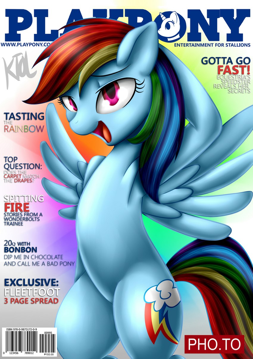 blue_body blue_feathers blue_fur feathered_wings feathers female feral fur hair multicolored_hair multicolored_tail open_mouth rainbow_hair rainbow_tail solo tail text wings pshyzo friendship_is_magic hasbro my_little_pony mythology playboy rainbow_dash_(mlp) equid equine mammal mythological_creature mythological_equine pegasus 2015 cover english_text hi_res magazine_cover