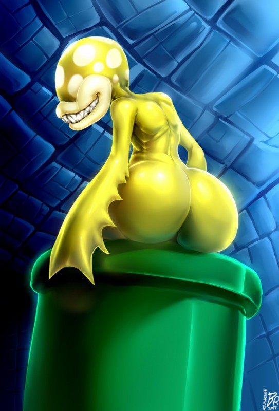 alternate_species bald big_butt butt detailed_background humanoidized looking_back male not_furry nude pipe plant presenting presenting_hindquarters sharp_teeth sitting smile solo teeth warp_pipe byondrage mario_bros nintendo elemental_creature flora_fauna humanoid piranha_plant hi_res traditional_media_(artwork)