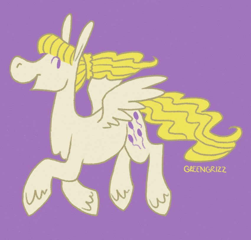 bangs blonde_mane cutie_mark feathered_wings feathering feathers female female_feral feral fur hair hooves long_mane looking_back mane open_mouth open_smile ponytail pre-g4 purple_background purple_eyes quadruped side_view simple_background smile solo tail text unguligrade wavy_tail white_body white_fur white_hooves white_wings wings yellow_tail greengrizz hasbro mlp_g1 my_little_pony mythology surprise_(pre-g4) equid equine mammal mythological_creature mythological_equine pegasus 2023 artist_name digital_drawing_(artwork) digital_media_(artwork) flat_colors hi_res