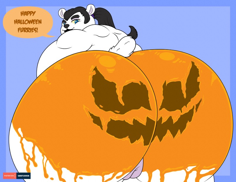 butt female food fruit genitals looking_at_viewer looking_back nude obese obese_female overweight overweight_female plant pumpkin pussy solo text graybluestudios cassie_the_halloween-pumpkin_butt_polar_bear bear mammal polar_bear ursine english_text hi_res