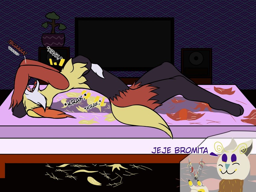 anthro bed bedroom breasts crunch duo female feral fur furniture haircut humor joke open_mouth scissors shearing sleeping tail text tired yawn maximilianofox nintendo pokemon delphox eevee generation_1_pokemon generation_6_pokemon pokemon_(species) 4:3 hi_res spanish_text