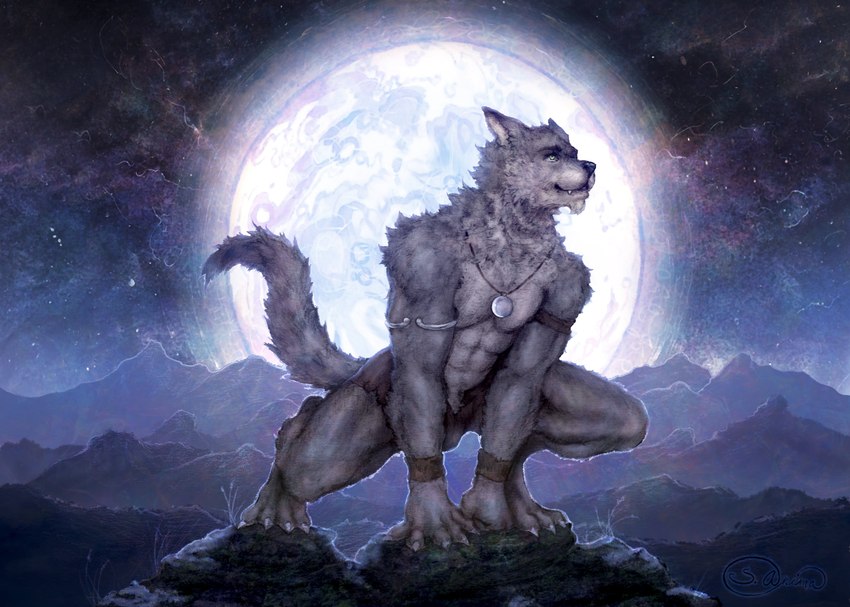 anthro athletic athletic_anthro athletic_male chest_tuft claws clothed clothing crouching detailed_background fangs finger_claws fluffy fur green_eyes head_tuft jewelry light male moon moonlight mountain_range multicolored_body multicolored_fur neck_tuft partially_clothed pendant sky solo star starry_sky teeth toe_claws tuft two_tone_body two_tone_fur s_anima far_beyond_the_world_(series) ranok_(far_beyond_the_world) canid canine canis mammal wolf absurd_res hi_res