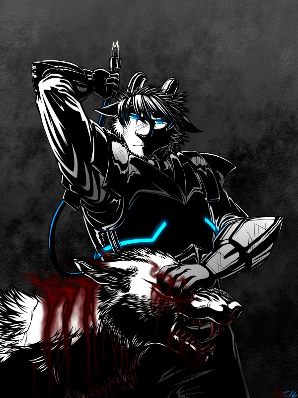 abstract_background angry anthro armor blood blue_eyes bodily_fluids duo electricity fangs feral glowing glowing_eyes machine male negative_energy_(legacy) pain teeth conditional_dnp ratte legacy_(ratte) photon_(ratte) android canid canine corruption_(species) mammal ratteguhn ratteguhncat robot 2016 3:4 absurd_res digital_media_(artwork) hi_res