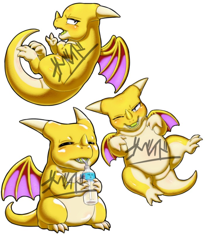 ambiguous_gender blush drinking horn lying open_mouth simple_background solo standing tail water white_background wings gotobeido dragon_quest mythology square_enix dragon mythological_creature mythological_scalie scalie small_fry hi_res watermark