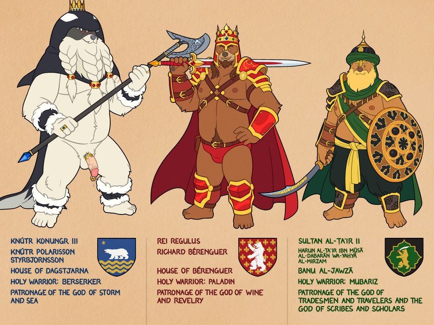 accessory anthro armor barbarian barefoot beard belt belt_buckle berserker blonde_beard blonde_eyebrows blonde_facial_hair blonde_hair bodily_fluids body_hair braided_beard briefs brown_beard brown_body brown_eyebrows brown_facial_hair brown_fur brown_hair buckle bulge cape clothed clothing coat_of_arms cock_ring crown daneaxe dripping eyebrows facial_hair feet fleur-de-lis foreskin fur fur_trim_(clothing) gem genital_fluids genital_piercing genitals greataxe green_eyes group hair hand_on_hip happy_trail harness headgear headwear helmet holding_melee_weapon holding_object holding_shield holding_sword holding_weapon humanoid_feet humanoid_genitalia humanoid_hands humanoid_penis jewelry king knight laminar_armor long_hair male mature_male melee_weapon nipple_piercing nipples pawpads penis penis_accessory penis_jewelry penis_piercing piercing plantigrade plate_armor precum precum_drip prince_albert_piercing red_eyes religious_clothing religious_headwear ring royalty sash scimitar shadowed_eyes shield shin_guards shoulder_armor simple_background size_difference skimpy standing straps straps_across_chest sword sword_on_shoulder tassels text trio turban unconvincing_armor underwear vambrace warrior weapon white_beard white_body white_facial_hair white_fur yellow_eyes quasarbearcat king_regulus bear brown_bear cetacean dolphin mammal marine oceanic_dolphin orca polar_bear syrian_bear toothed_whale ursine 4:3 absurd_res character_name english_text hi_res