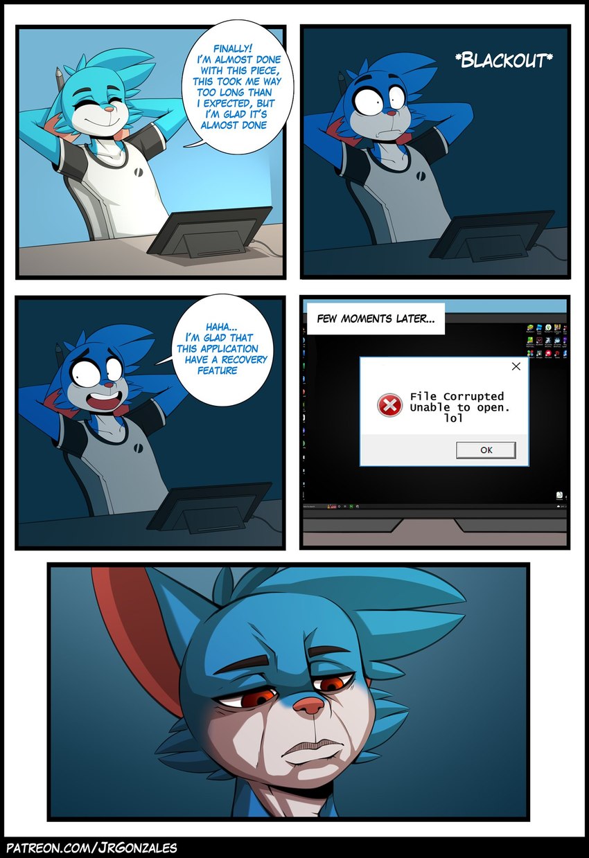 5_panel_comic angry annoyed anthro base_three_layout blockage_(layout) blue_background blue_body blue_ears blue_fur blue_hair cheek_tuft clothing computer dialogue disappointed drawing_tablet ears_down electronics facial_tuft five_frame_image four_frame_grid fur hair half-closed_eyes horizontal_blockage humor male multicolored_body multicolored_fur narrowed_eyes nervous open_mouth open_smile orange_eyes pencil_(object) pink_inner_ear pink_nose pivoted_ears shirt simple_background smile solo speech_bubble t-shirt text three_row_layout topwear tuft two_tone_body two_tone_fur white_body white_fur wide_eyed jay-r jay-r_(character) canid canine fox mammal comic english_text hi_res url