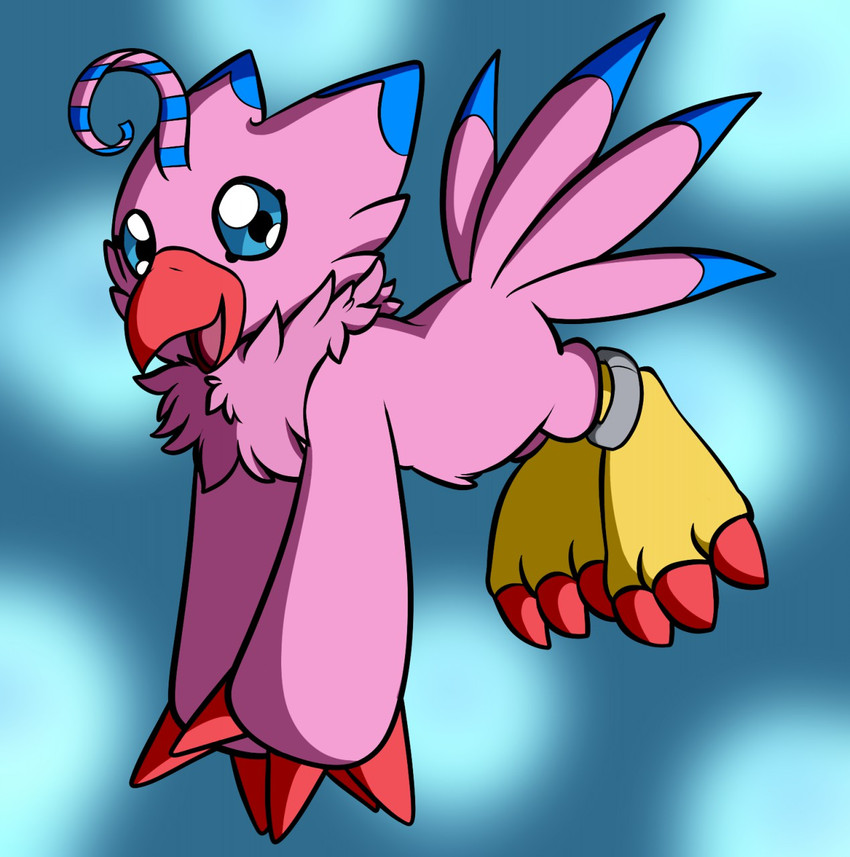 3_toes ambiguous_gender beak blue_eyes blue_markings claws feathers feet feral flying happy markings open_beak open_mouth pink_body pink_feathers red_claws ring smile solo tail tail_feathers toe_claws toes tuft crisstail bandai_namco digimon avian bird biyomon digimon_(species) hi_res