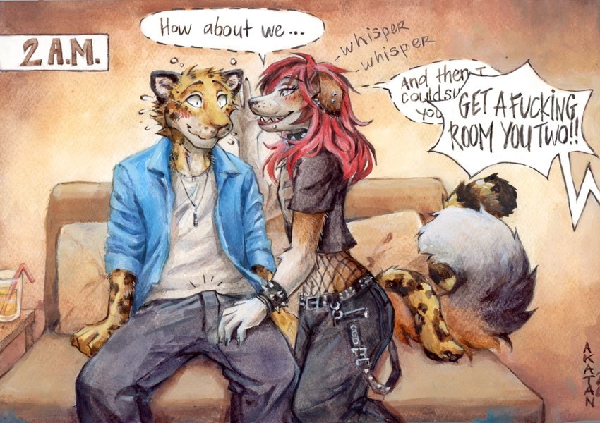 anthro bulge clothed clothing duo erection erection_under_clothing femboy fishnet_clothing flustered_male fur hair hand_on_leg hand_on_thigh male male_anthro orange_body orange_fur profanity red_hair speech_bubble tail tail_coil tenting text akatan_art goth_dog_(akatan) shy_leopard_(akatan) canid canine canis domestic_dog felid leopard mammal pantherine absurd_res english_text hi_res traditional_media_(artwork)